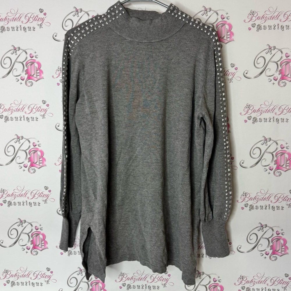 Melanie Lyne sweater studs Gray Studded Women's Top stretchy slits sides
